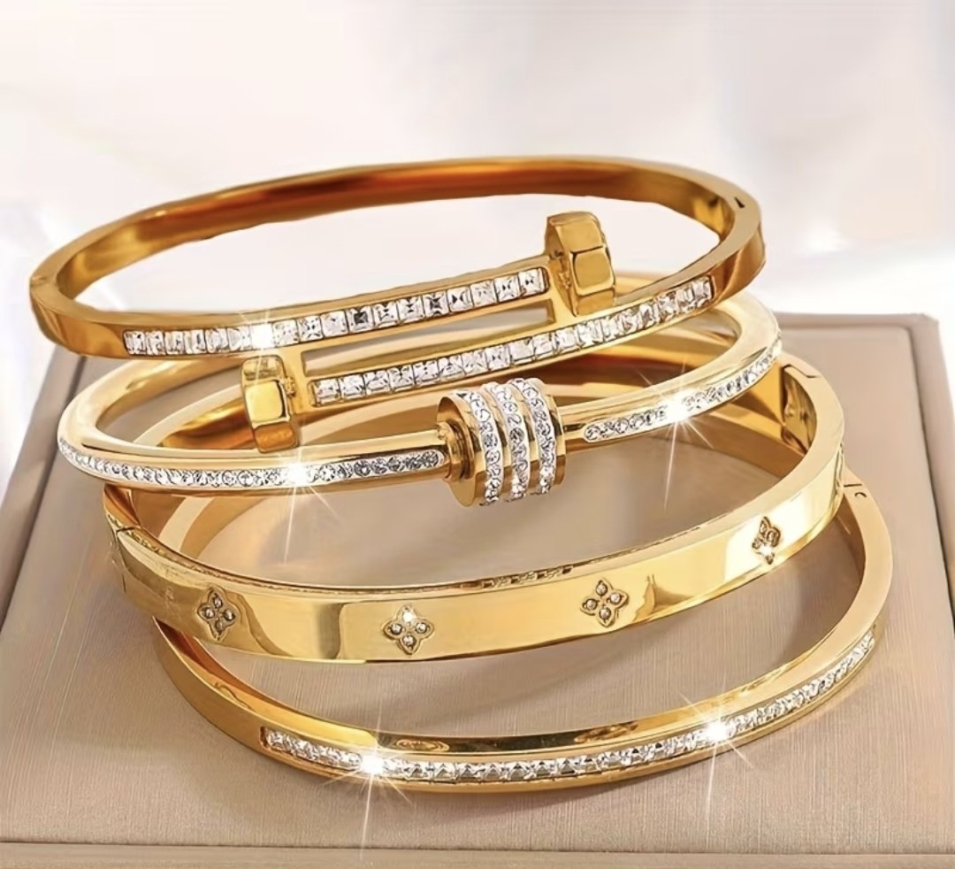 18k Gold-Plated 4pcs Set, 304 Stainless Steel Stackable Bracelets