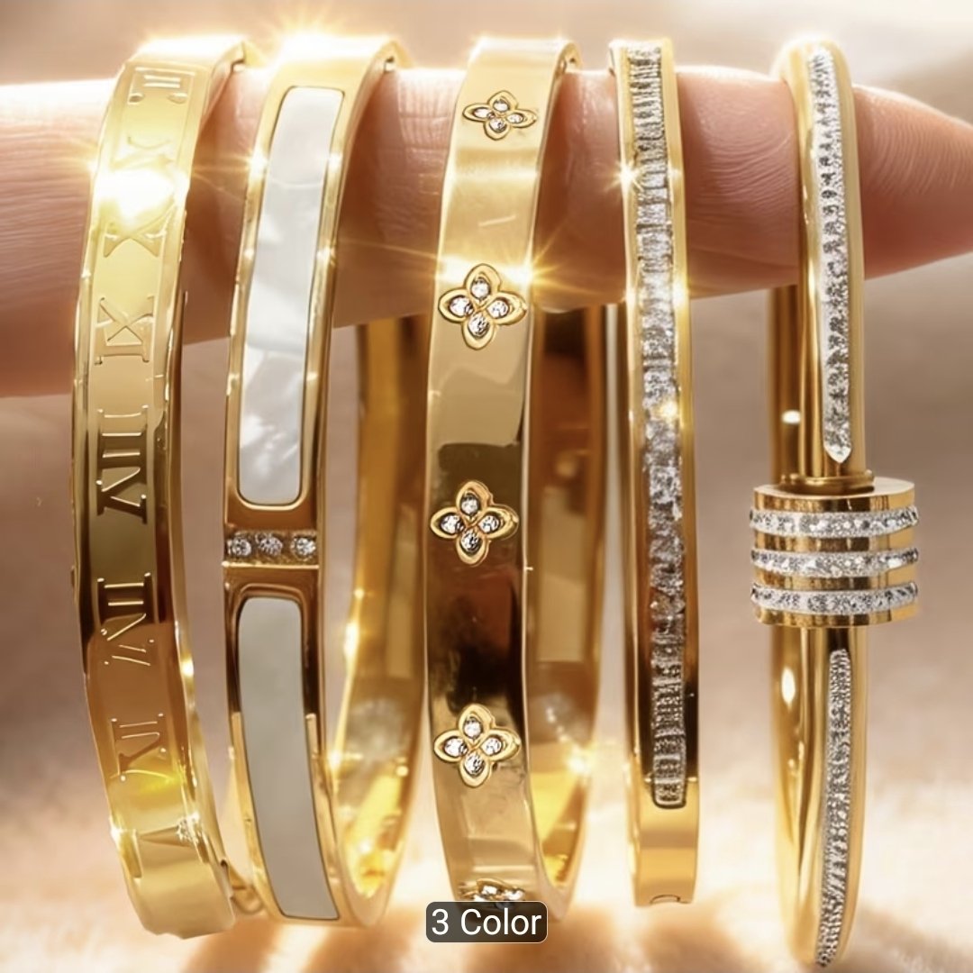 18k Gold-Plated 5pcs Set, 304 Stainless Steel Stackable Bracelets